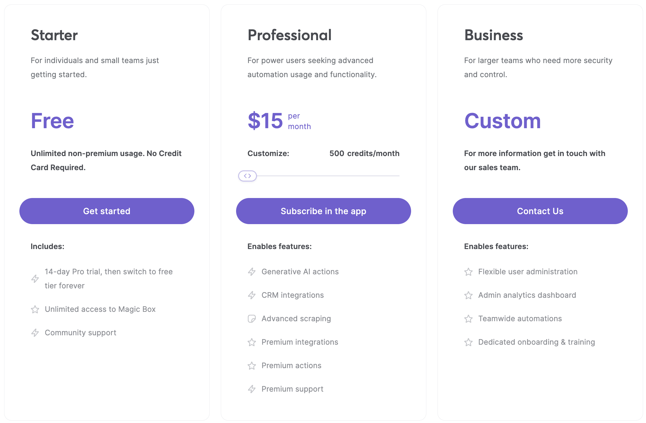 Monthly pricing table for  Bardeen
