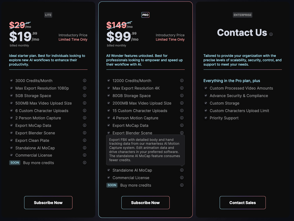 Monthly pricing table for  Wonder Dynamics