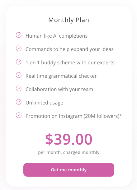 Monthly pricing table for  Writely